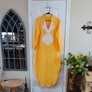 Source Unknown Yellow Maxi Dress with White Embroidery